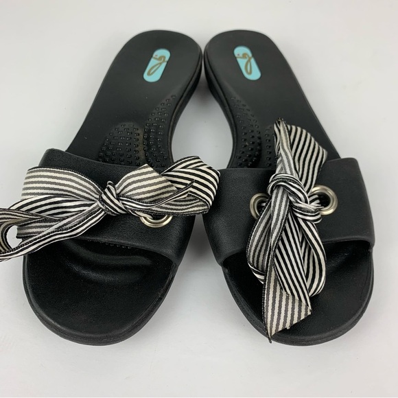 oka.b Slip On Black Slides Rubber Bow Front Tie Striped Sandals Medium - Picture 3 of 7